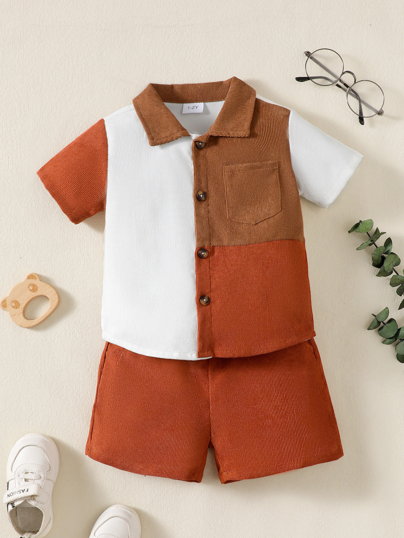 【2PCS】 1-6Y Baby Boy Casual Outfit | Rust & White Color Block Corduroy Shirt + Rust Shorts | Comfortable Summer Set