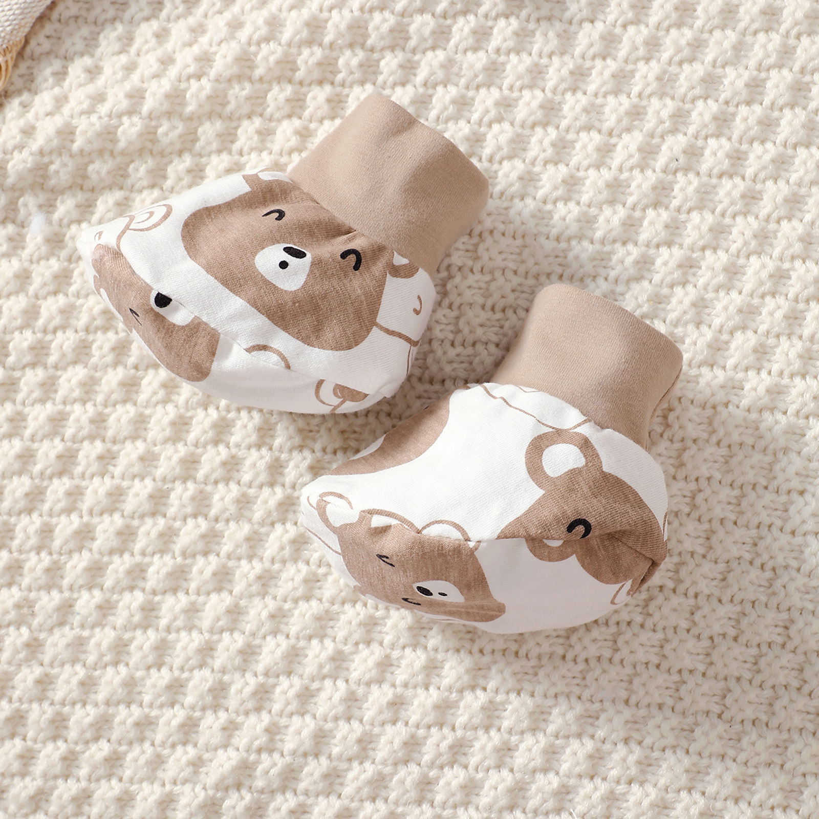 【4PCS】 0-9M Baby Boy Set | Bear Print Bodysuit + Solid Pants + Matching Ear Hat + Booties | Soft Newborn Wear