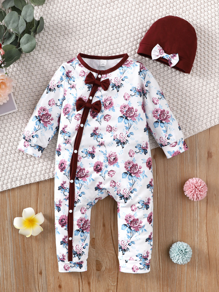 【2PCS】 3-24M Baby Girl Romper Set | Floral Print Long Sleeve Jumpsuit with Bow + Matching Maroon Hat | Elegant Newborn Outfit baby clothes