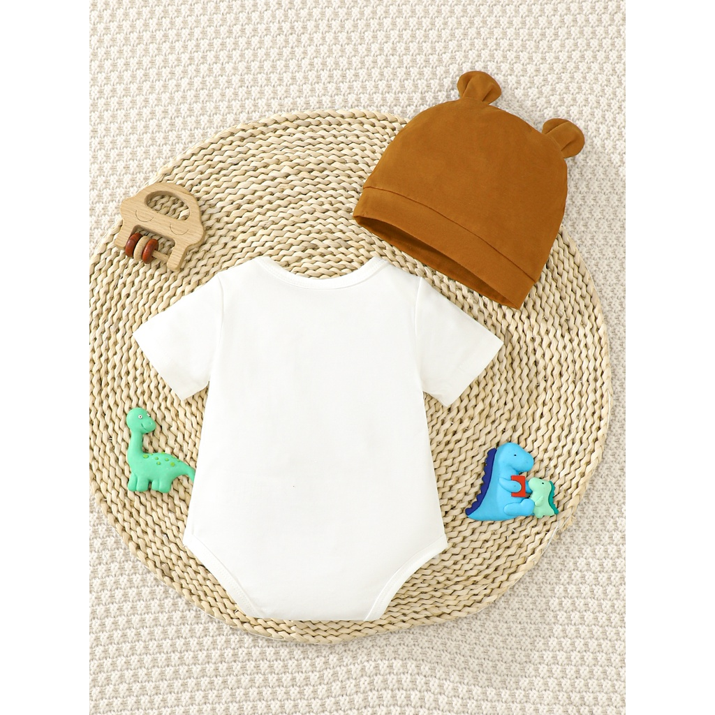 【0-6M】 2PCS Newborn Baby Outfit: Dinosaur Print Short-Sleeve Bodysuit + Ear Hat – Cute Summer Daily Set
