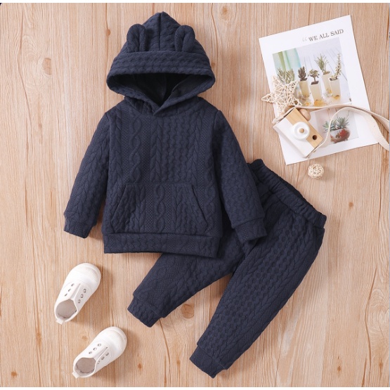 Catpapa boy |【2PCS】 3-24M Toddler Set | Navy Blue Cable Knit Hoodie with Ears + Matching Pants | Cozy Fall/Winter Outfit | Boys clothes fashions | Two piece set for kids boys | BabySuit