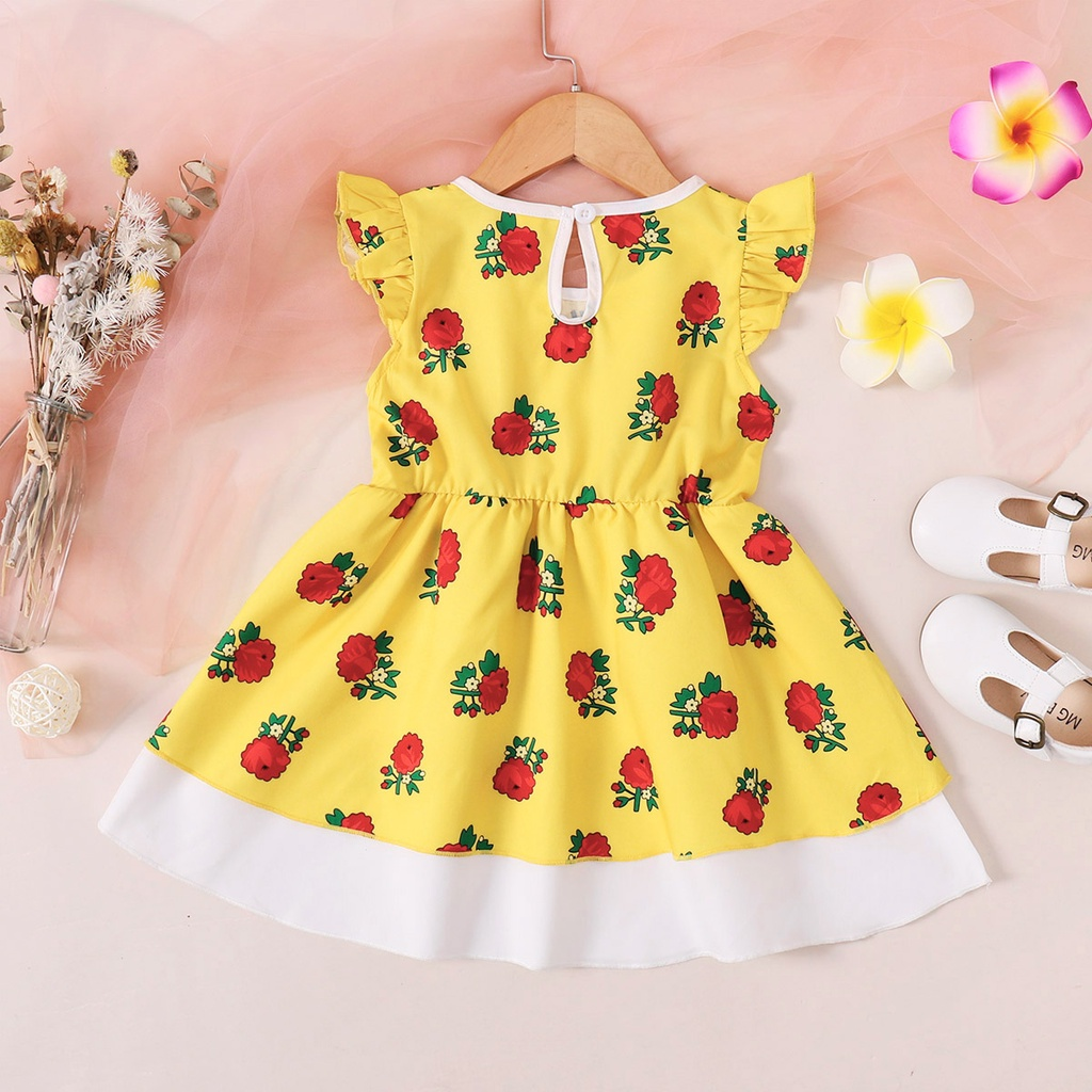 【12M-6Y】 Baby Girl Floral Dress | Yellow Rose Print Sleeveless Dress with Lace Ruffle & Satin Bow | Cute Daily Outfit