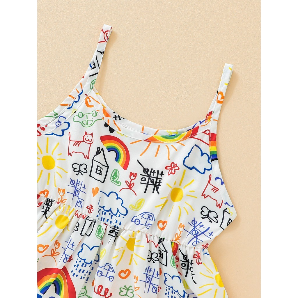 3-7Years Kids Girl White Cartoon Cute Print Pattern Suspender Summer Casual Beach Daily Birthday Party Dress Clothing Costumes