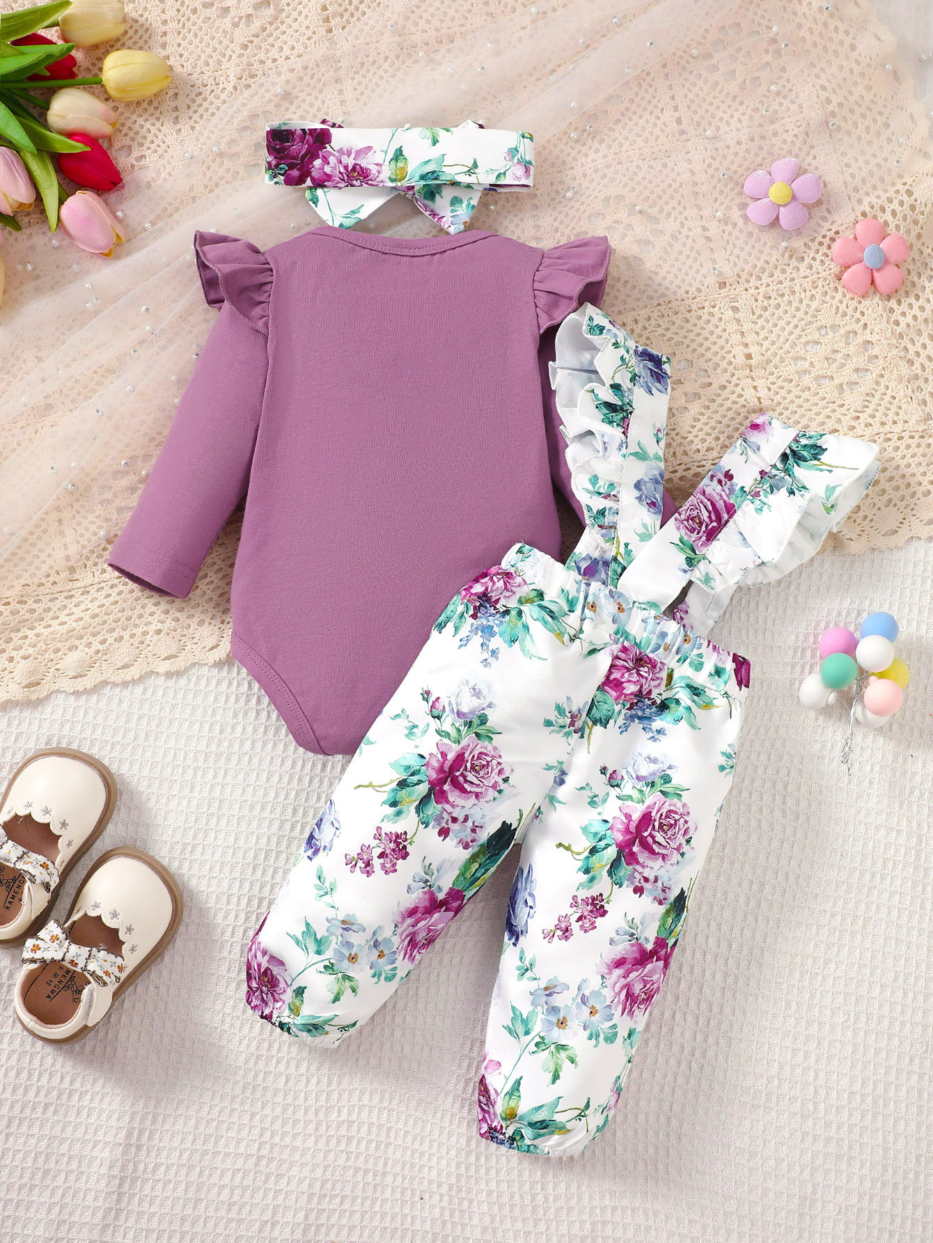 0-3Y Girls' Ruffle Romper & Floral Suspender Pants Set with Matching Headband | Soft Cotton 3-Piece Outfit, for Daily Wear & Photoshoots, Baby Girls