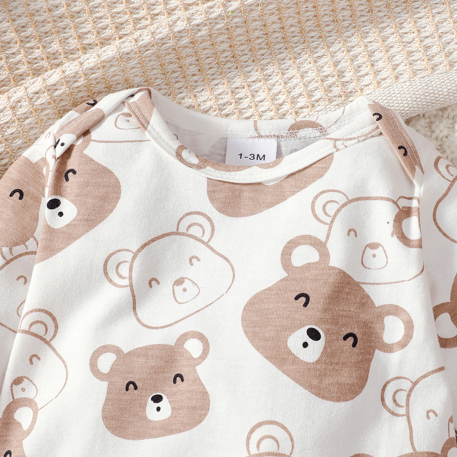 【4PCS】 0-9M Baby Boy Set | Bear Print Bodysuit + Solid Pants + Matching Ear Hat + Booties | Soft Newborn Wear
