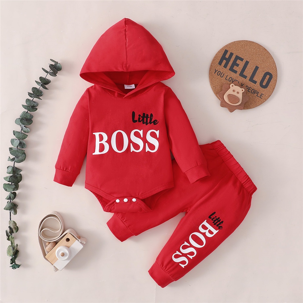 Catpapa boy |【2PCS】 0-24M Baby Boy Outfit | Red "Little Boss" Print Hooded Romper + Matching Pants | Trendy Casual Wear | Babies dress | Cute baby dresses | Boys clothes fashions