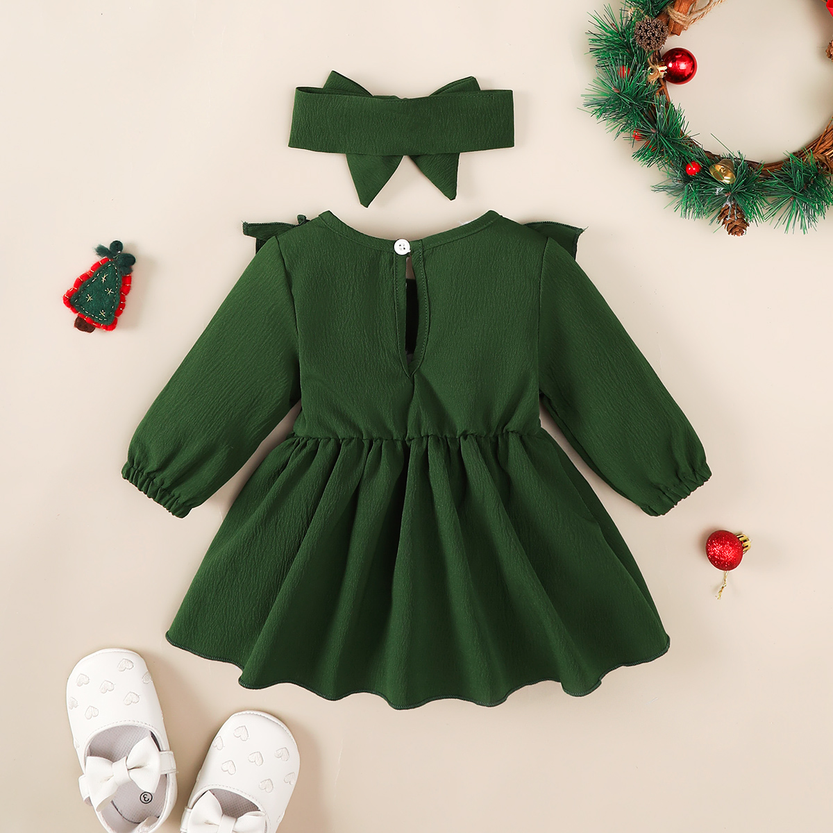 【2PCS】 1-18M Baby Girl Set | Dark Green Long Sleeve Dress with Big Bow + Matching Bow Headband | Elegant Christmas Outfit