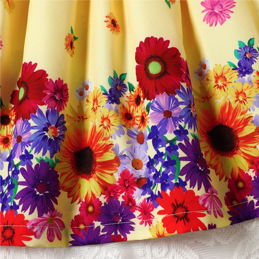 【4-7Y】 Toddler Girl Sleeveless Dress | Yellow Floral Print Dress with Bow Belt | Sweet Summer Outfit