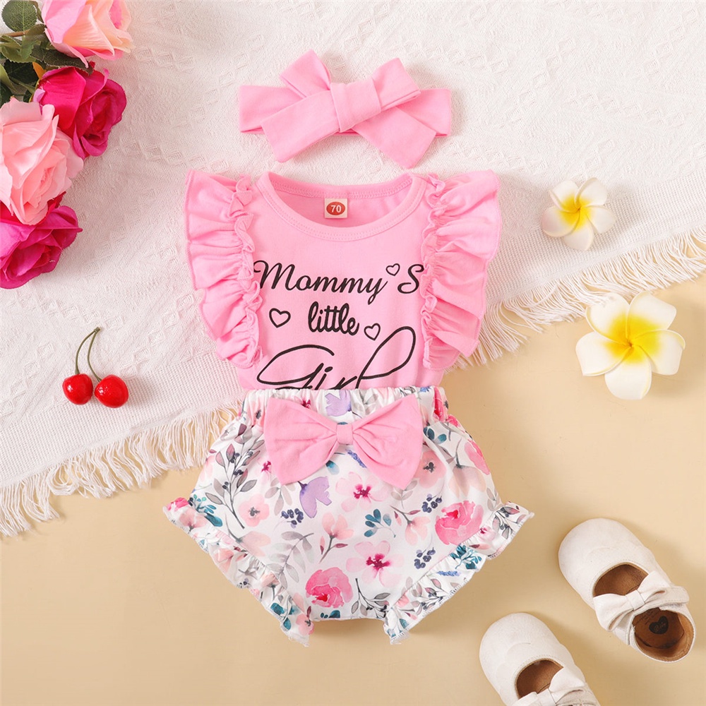 【3PCS】 0-18M Baby Girl Clothes Set | Pink "Mommy's Little Girl" Romper + Floral Bloomer Shorts + Bow Headband | Cute Summer Outfit