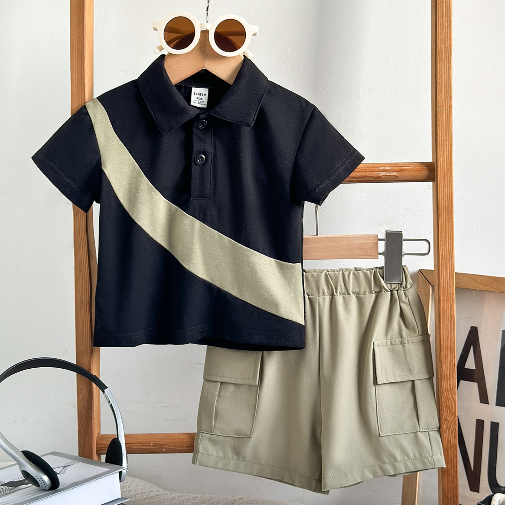 0-2Y color-blocked boys' clothing, shirt + cargo shorts, outdoor sportswear, suitable for parties and social gatherings, perfect for outdoor sports, cool, durable, and easy to clean