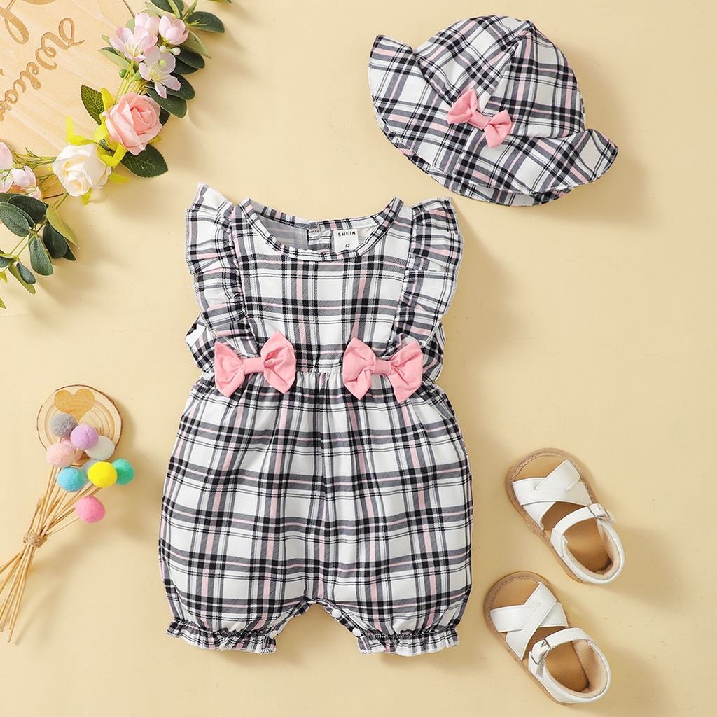 【2PCS】 0-18M Baby Girl Outfit | Plaid Ruffle Romper with Pink Bows + Matching Sun Hat | Cute Summer Set
