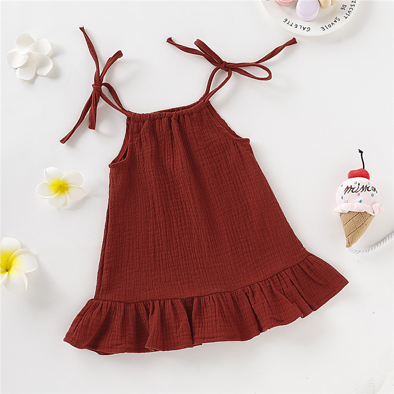【12M-5Y】 Toddler Girl Casual Dress | Red Crinkle Halter Neck Dress with Ruffle Hem | Summer Beach Wear