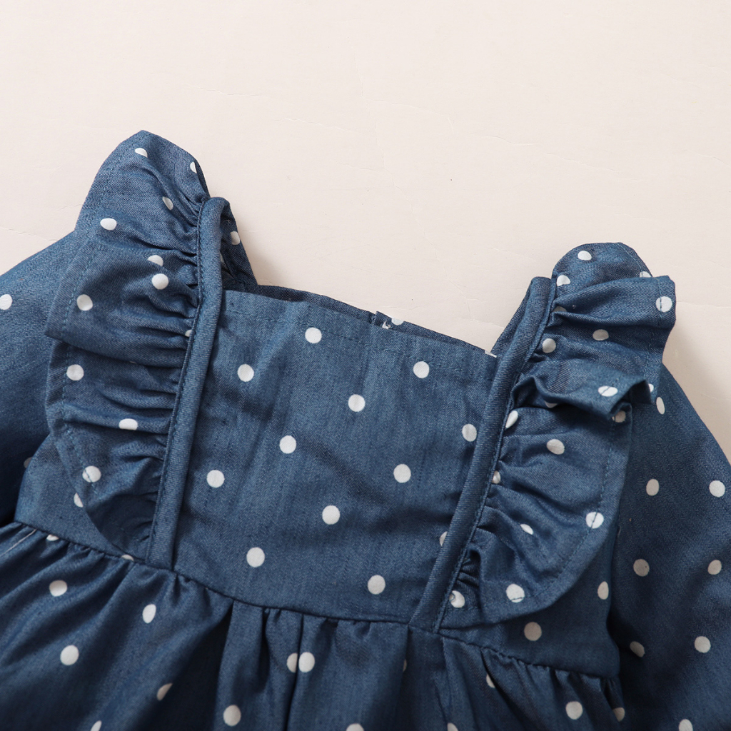【3-24M】 Toddler Girl Casual Dress | Denim Blue Polka Dot Ruffle Long Sleeve Dress | Fashion Daily Wear