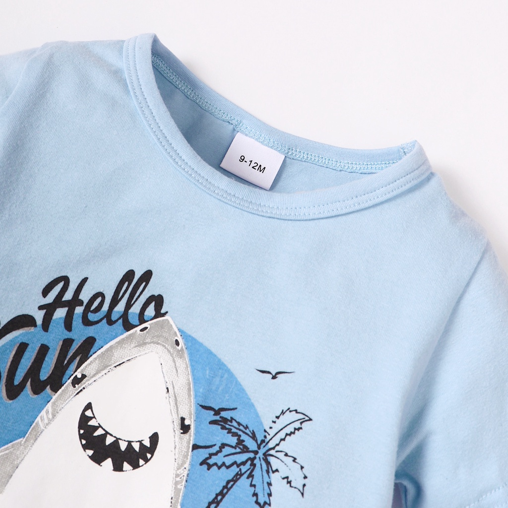 【3-18M】 2PCS Baby Boy Summer Outfit: Shark Print Short-Sleeve Bodysuit + Tropical Palm Print Shorts – Casual Beach Style Set