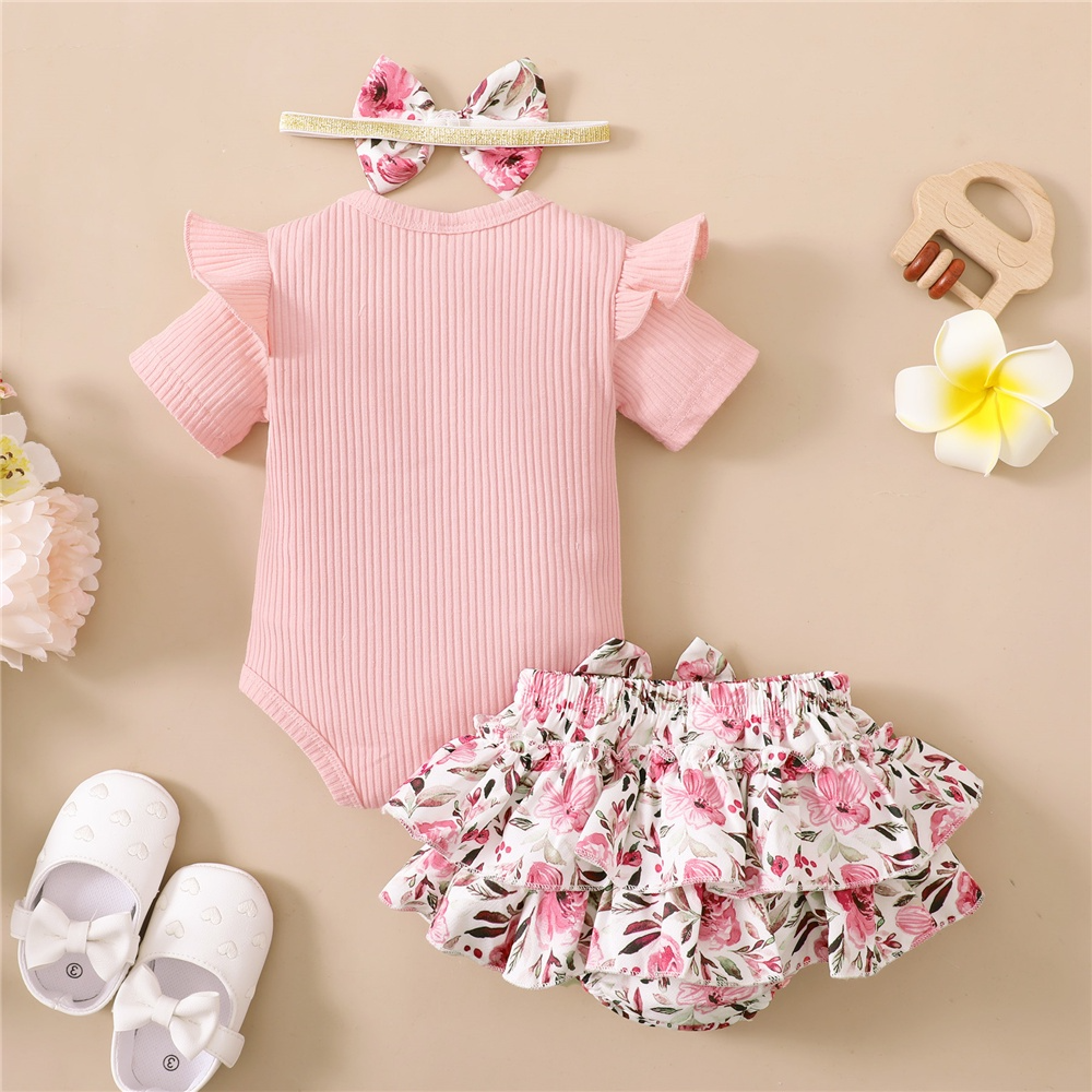 Newborn Baby Girl 3PCS Clothes Set Letters Print Short Sleeve Romper Top + Flowers Print Shorts with Headband Lovely Outfit