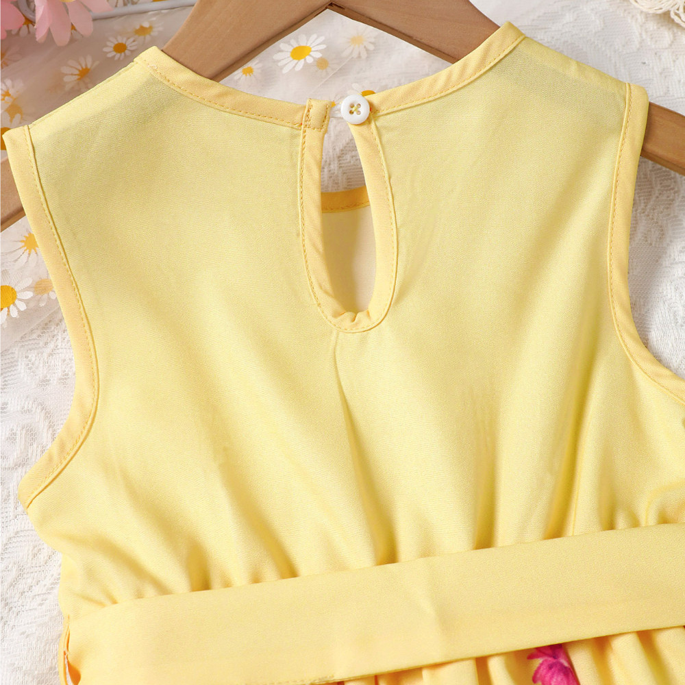 【4-7Y】 Toddler Girl Sleeveless Dress | Yellow Floral Print Dress with Bow Belt | Sweet Summer Outfit