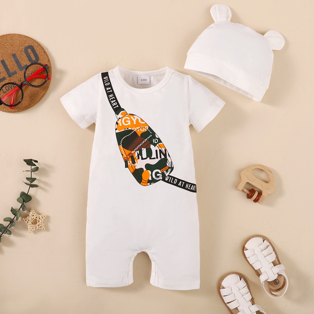 【0-18M】 2PCS Baby Boy Summer Romper Set | Trendy Sling Bag Print Short Sleeve Jumpsuit with Bear Ear Hat | Cute Casual Newborn Outfit