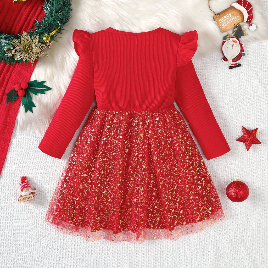 【2-6Y】 Toddler Girl Christmas Dress | Red Ribbed Long Sleeve Dress with Glitter Star Tulle Skirt | Festive Holiday Outfit