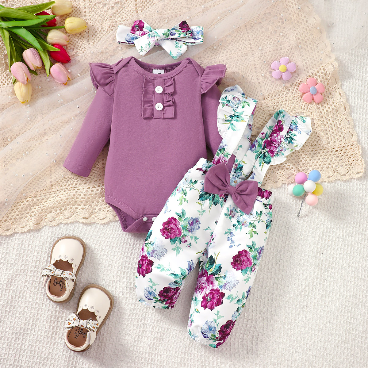 0-3Y Girls' Ruffle Romper & Floral Suspender Pants Set with Matching Headband | Soft Cotton 3-Piece Outfit, for Daily Wear & Photoshoots, Baby Girls