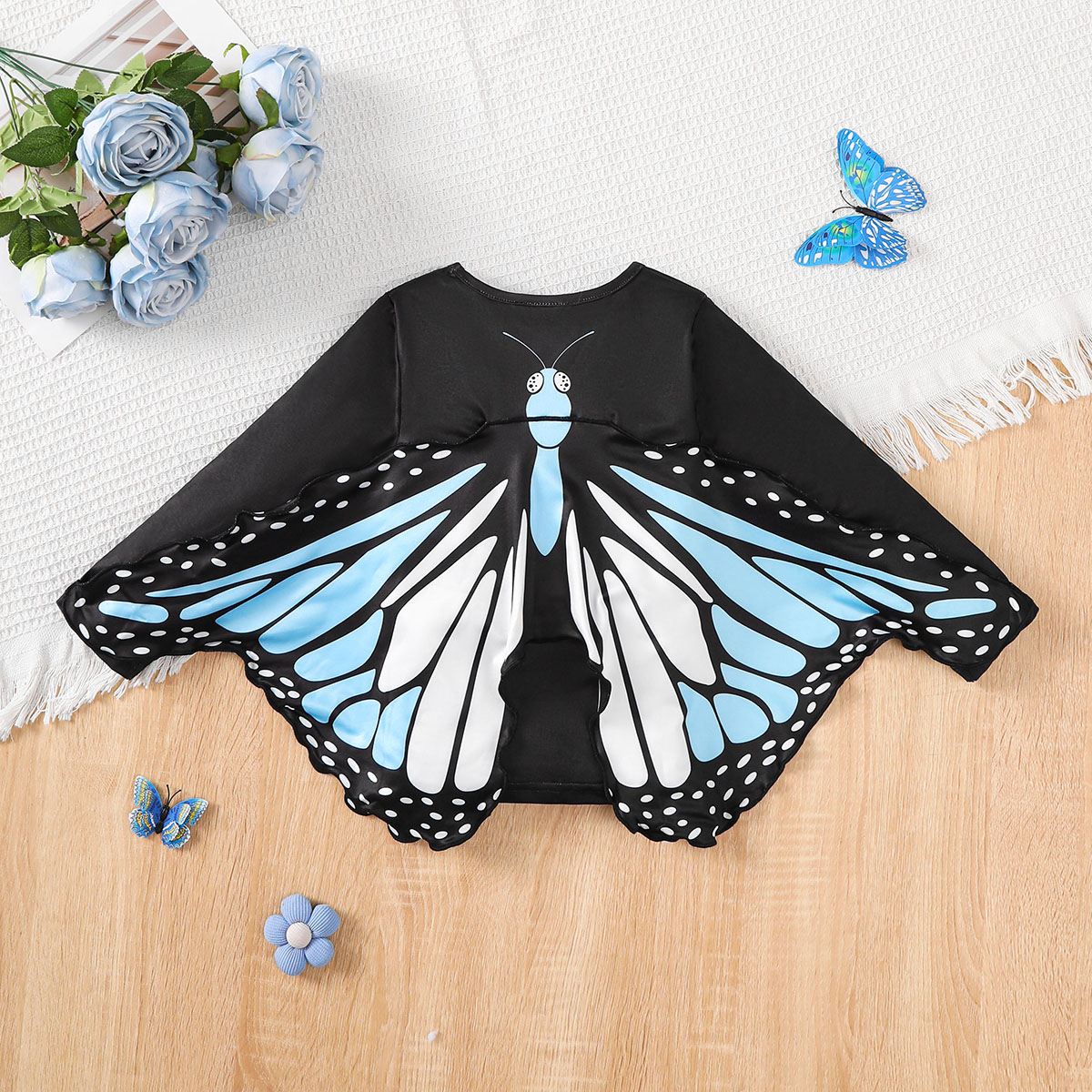 【4-7Y】 Toddler Girl Black Long Sleeve Top with Blue Butterfly Wing Print Back | Unique Fashion Wear