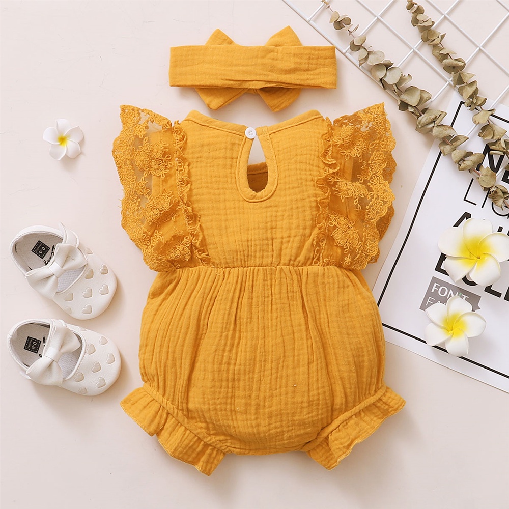 【2PCS】 0-18M Baby Girl Romper Set | Mustard Yellow Lace Trim Jumpsuit with Bow + Matching Bow Headband | Adorable Casual Wear