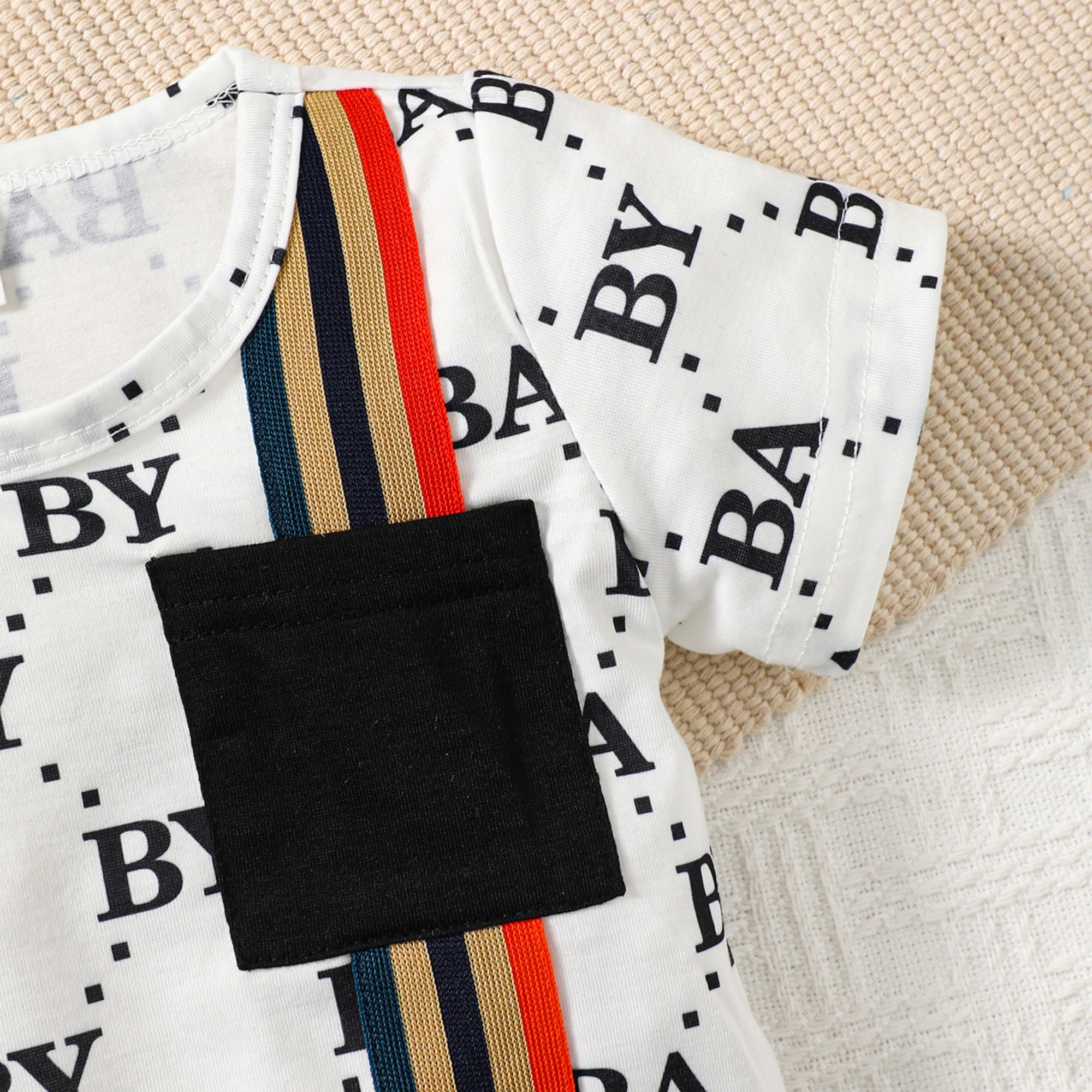 【2PCS】 6M-3Y Baby Boy Set | Letter Print T-Shirt with Colorful Stripes + Matching Shorts | Stylish Casual Wear