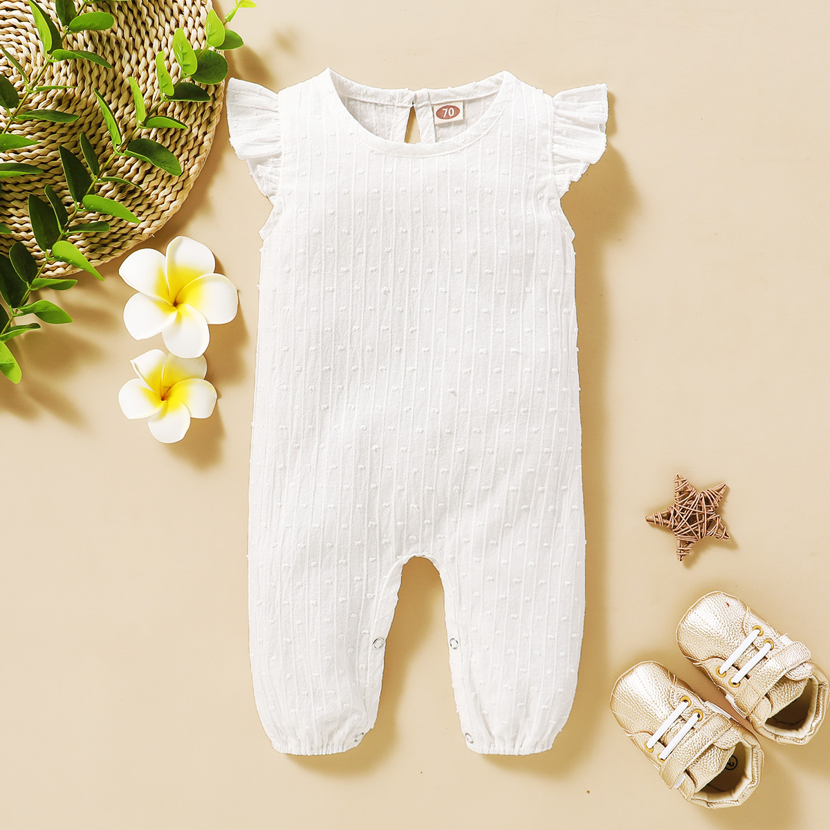【3-18M】 Baby Girl Romper | White Textured Sleeveless Jumpsuit with Ruffle Sleeves | Soft Newborn Outfit