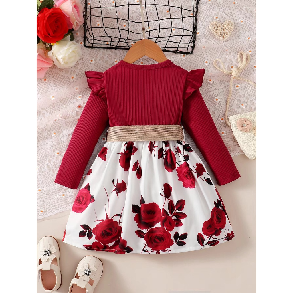 【18M-7Y】 Toddler Girl Dress | Wine Red Ribbed Top + Rose Print Skirt with Waist Belt | Elegant Party Outfit