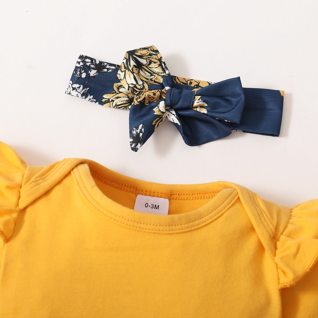 【3PCS】 0-18M Baby Girl Summer Outfit | Yellow Ruffle Sleeve Romper + Floral Bloomer Shorts + Matching Headband | Cute Casual Wear