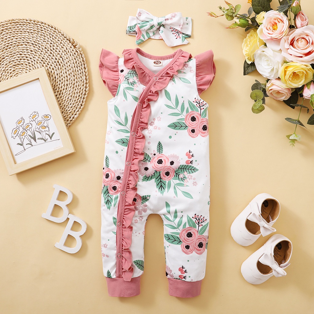 0-3Y Girls' Floral Print Ruffle Sleeveless Romper with Matching Bow Headband | Soft Cotton 2-Piece Outfit, for Daily Wear & Photoshoots, Baby Girls
