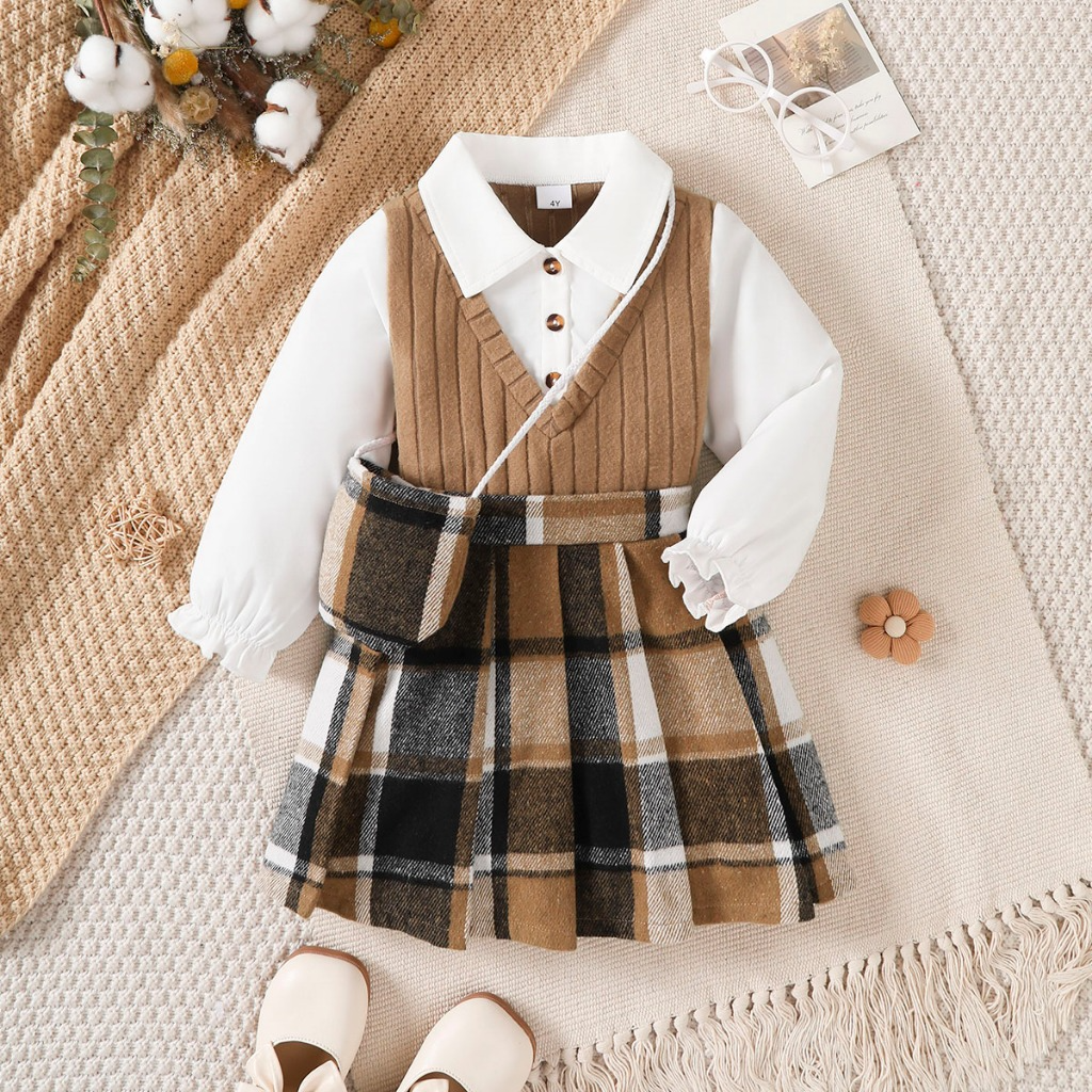 【3PCS】 4-7Y Toddler Girl Preppy Outfit | 2-in-1 Brown Knit Vest White Shirt + Plaid Pleated Skirt + Matching Crossbody Bag | Stylish School Set