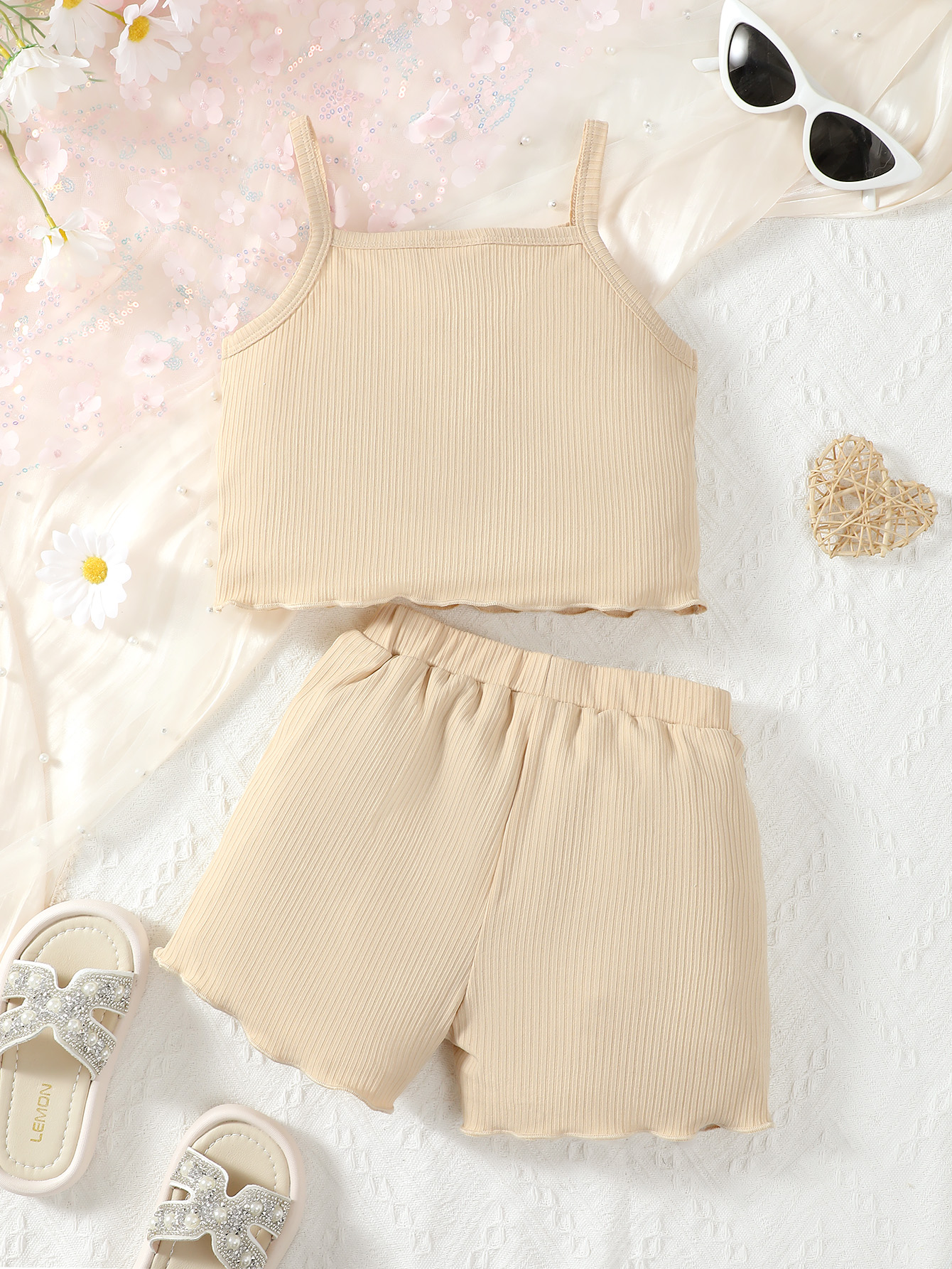 3-6 Years Toddler Girl Beige Ribbed Cami & Shorts Set | Lightweight Sleeveless Casual Outfit, Ideal for Home, Outings & Summer Occasions