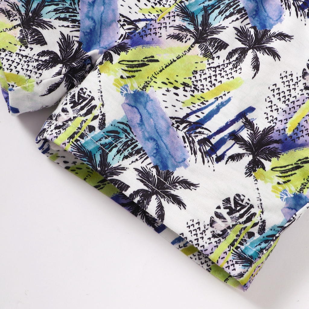 【3-18M】 2PCS Baby Boy Summer Outfit: Shark Print Short-Sleeve Bodysuit + Tropical Palm Print Shorts – Casual Beach Style Set