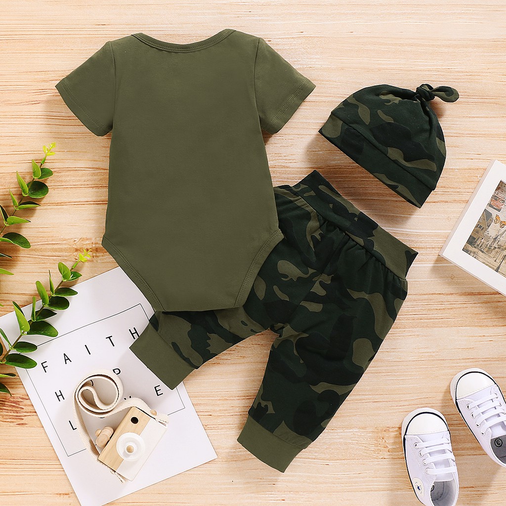 【3PCS】 0-18M Baby Boy Casual Set | "Mama's Boy" Camouflage Romper + Matching Pants + Hat | Summer Outfit