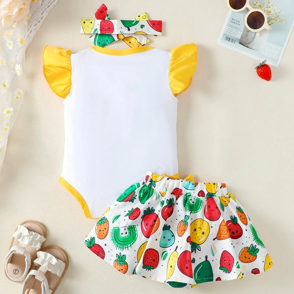 【1-9M】 3PCS Baby Girl Summer Outfit: Strawberry & Pineapple Print Ruffle-Sleeve Bodysuit + Fruit Print Skirt with Bow + Matching Headband – Cute Party Set