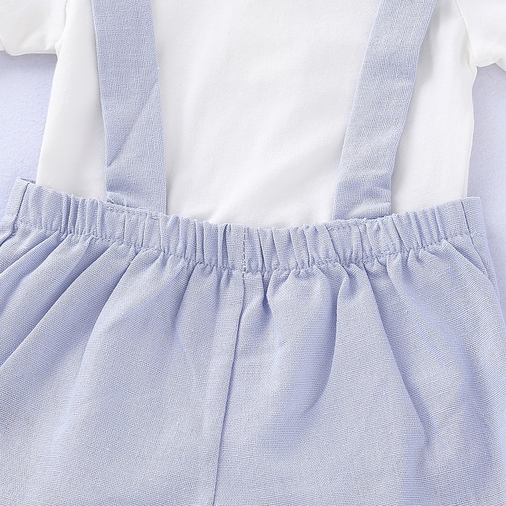 【2PCS】 0-12M Baby Boy Formal Set | White Short Sleeve Shirt + Light Blue Suspender Shorts with Bow Tie | Gentleman Party Outfit