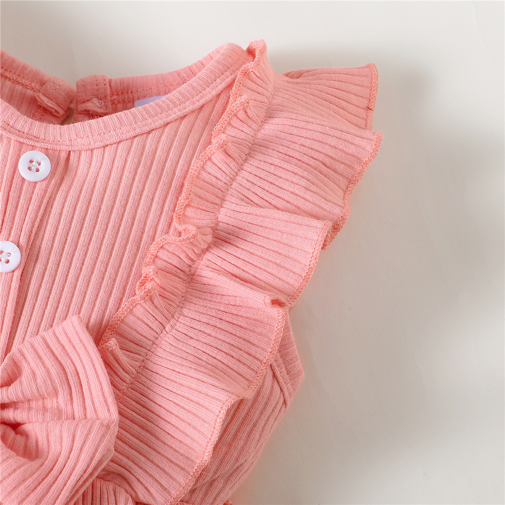 【2PCS】 0-12M Baby Girl Outfit | Pink Ribbed Ruffle Trim Romper with Bow + Matching Headband | Soft Casual Wear
