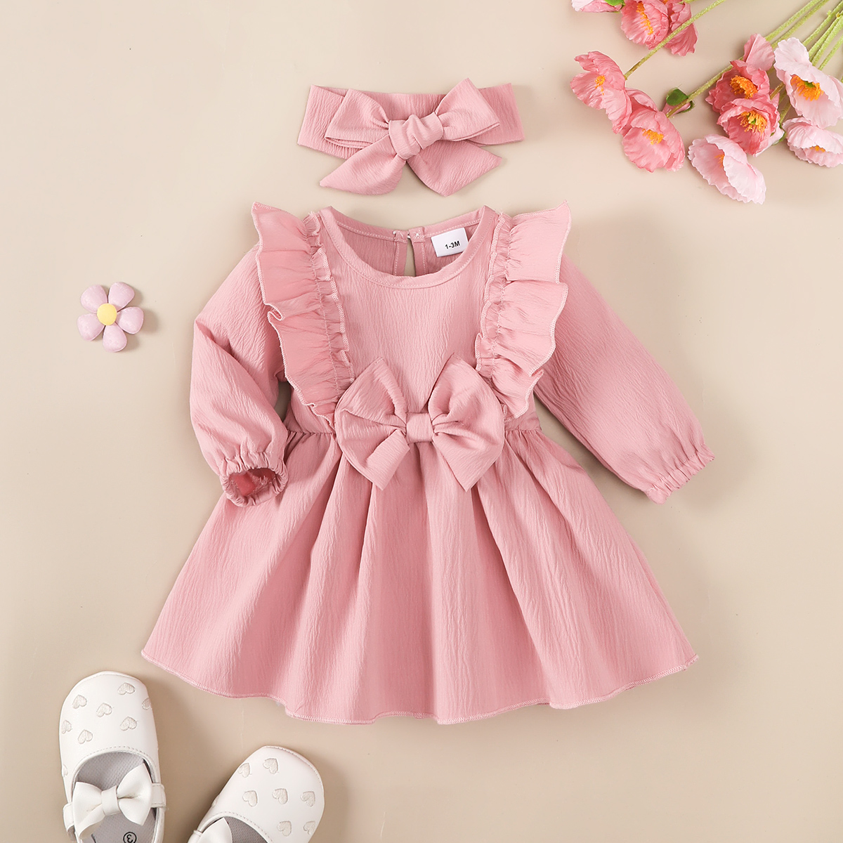 【2PCS】 1-18M Baby Girl Outfit | Pink Ruffle Long Sleeve Dress with Bow + Matching Bow Headband | Soft Casual Set