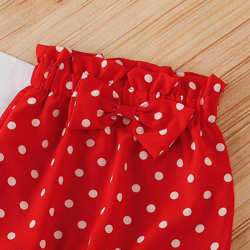 【0-18M】 3PCS Baby Girl Outfit: White Ruffle-Sleeve Romper with Polka Dot Heart Print + Red Polka Dot Pants with Bow + Matching Headband – Cute Valentine Set