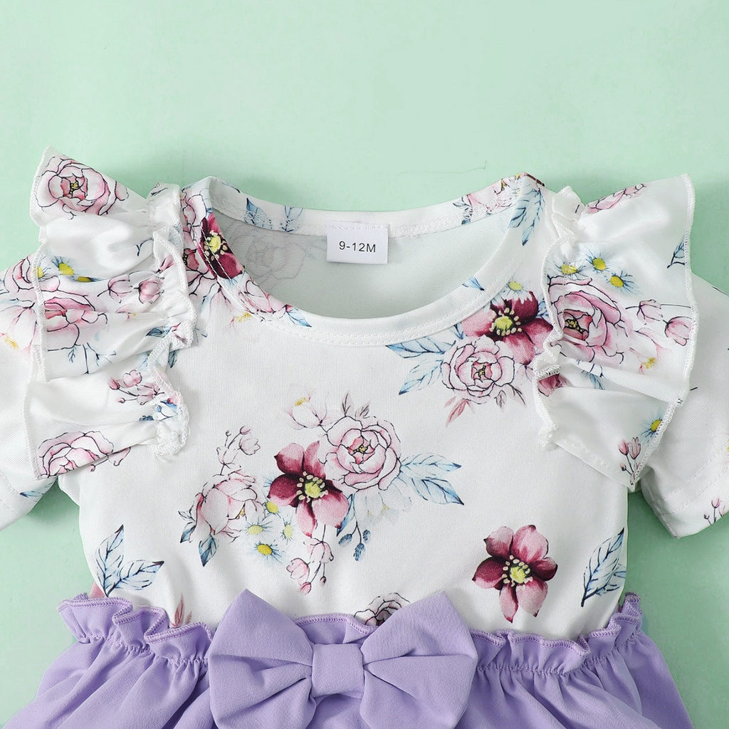 【2PCS】 9M-3Y Baby Girl Outfit | Floral Print Top & Lavender Skirt Dress + Matching Floral Headband | Sweet Summer Wear