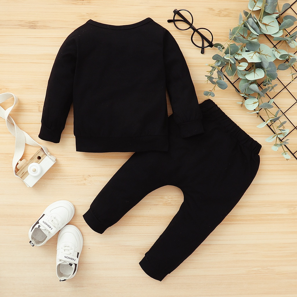 【2PCS】 0-18M Baby Boy Casual Set | ""MINI BOSS"" Print Sweatshirt + Black Pants with Yellow Slit Detail | Trendy Daily Wear