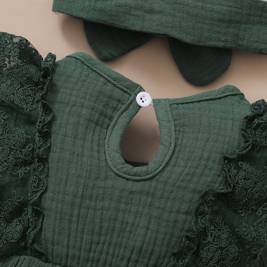 【2PCS】 0-18M Baby Girl Outfit | Dark Green Lace Trim Romper with Bow + Matching Bow Headband | Stylish Newborn Set