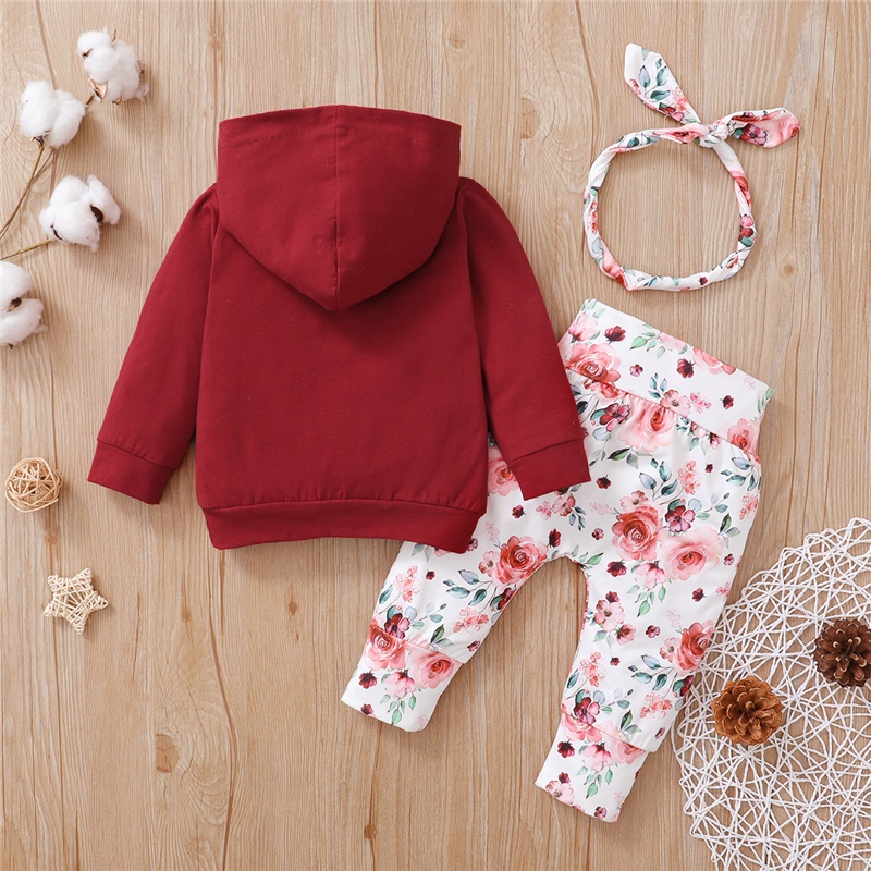 【3PCS】 0-18M Baby Girl Hoodie Set | Wine Red Floral Print Hoodie + Floral Pants + Matching Headband | Fashion Fall/Winter Outfit