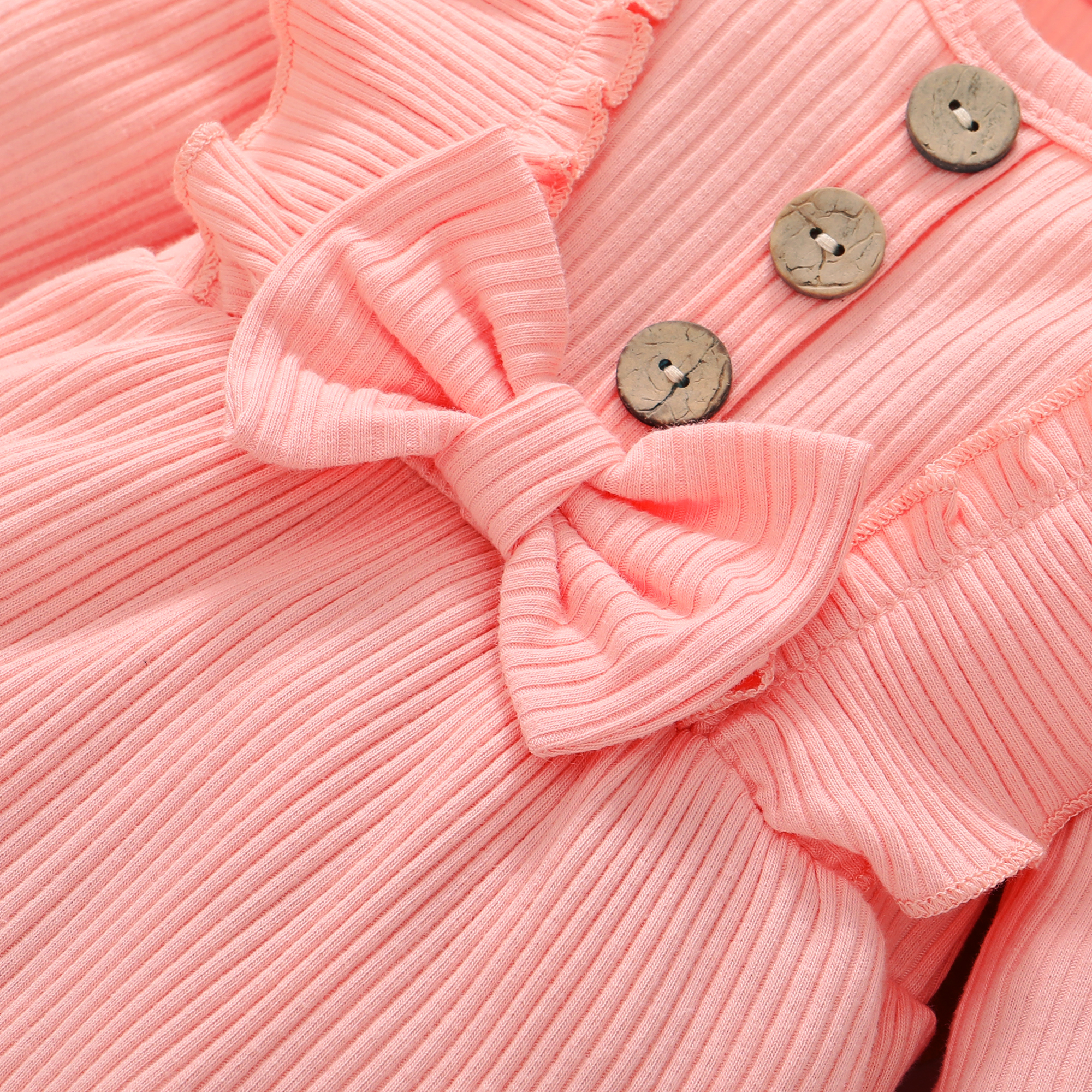 【2PCS】 0-18M Baby Girl Set | Pink Ribbed Romper with Ruffles and Bow + Matching Bow Headband | Sweet Newborn Outfit