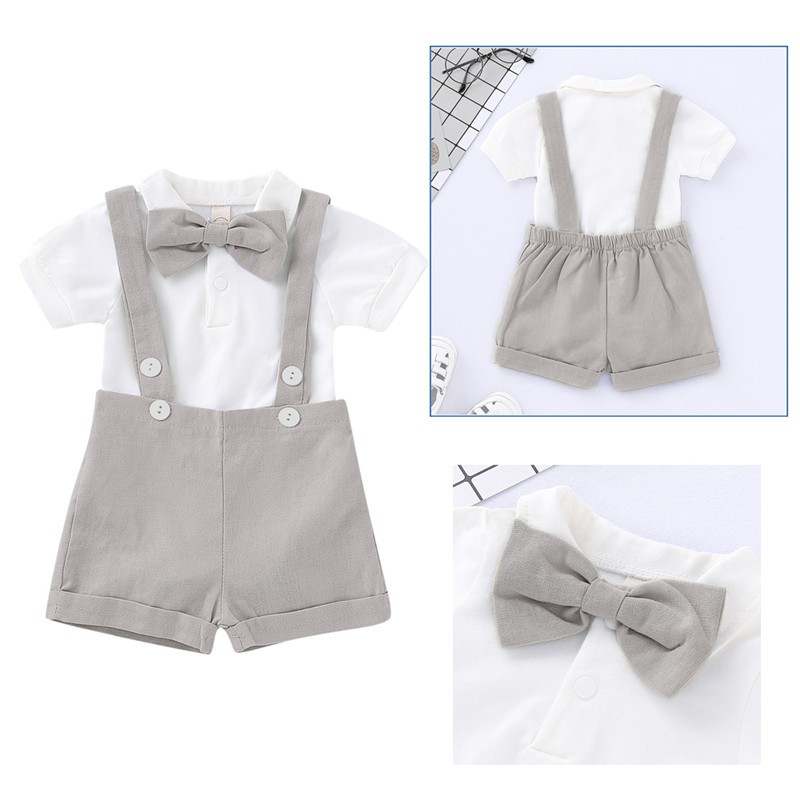 【2PCS】 6-24M Baby Boy Formal Outfit | White Short Sleeve Shirt + Gray Suspender Shorts with Bow Tie | Wedding Party Gentleman Wear