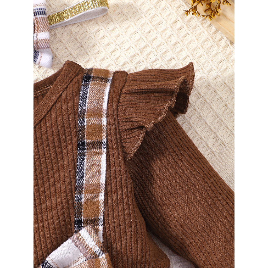 1-18Months Toddler Baby Clothes Long Sleeved Brown Plaid Romper with Headwear Newborn Baby Winter Wear