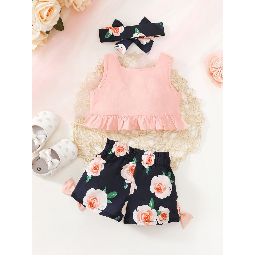 3-24Months Infant Baby Girl 2pcs Clothes Set Sleeveless Flower Print Top Vest with Pink Bow Shorts Handband Fashion Lovely Style Toddler Baby Daily Party Outfit