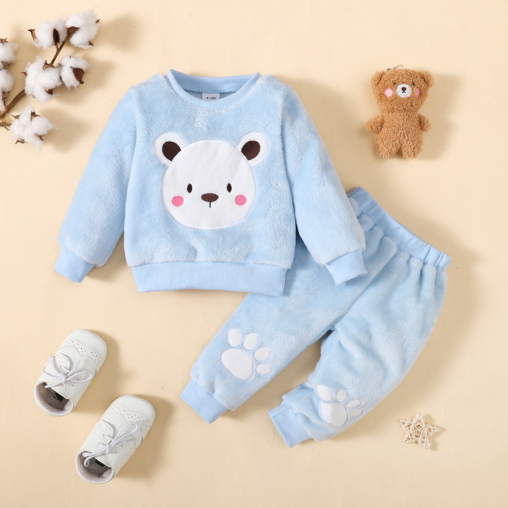 【6M-3Y】 2PCS Toddler Fleece Outfit: Bear Face Embroidered Crewneck Sweatshirt + Paw Print Pants – Cozy Casual Winter Set