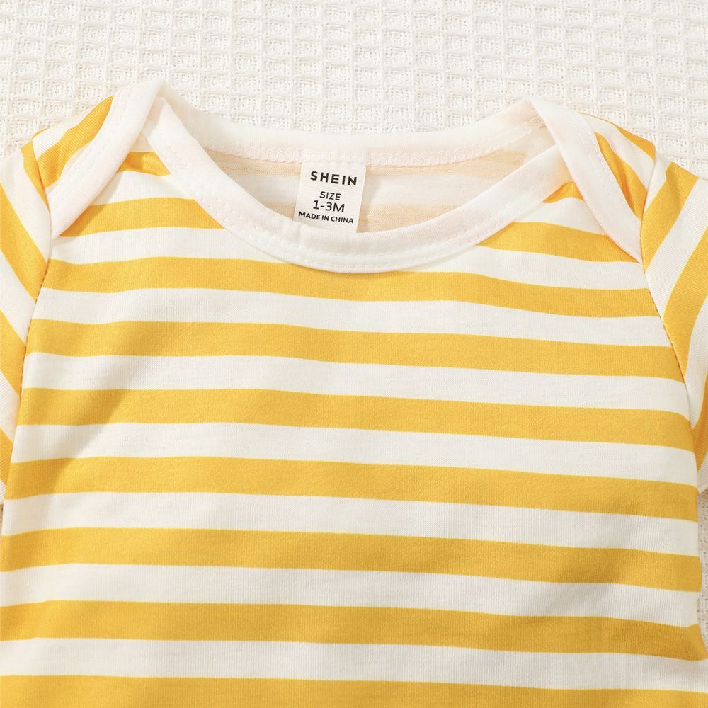 【6-18M】 Baby Bodysuit | Yellow and White Striped Short Sleeve Romper | Soft Newborn Wear