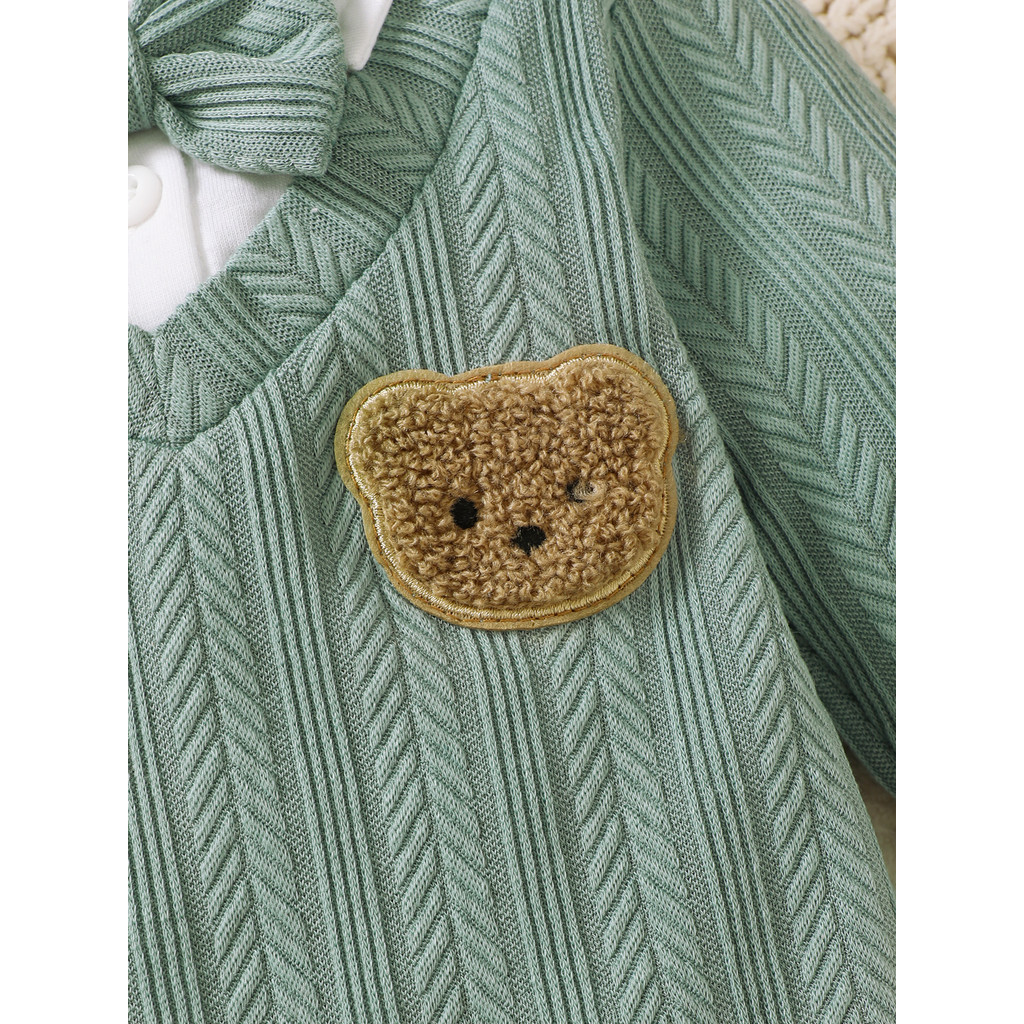 Catpapa boy |【0-18M】 Baby Boy Formal Romper | Mint Green Textured Jumpsuit with Bear Embroidery + Bow Tie | Gentleman Party Outfit | Babies dress | BabySuit | Boys clothes fashions